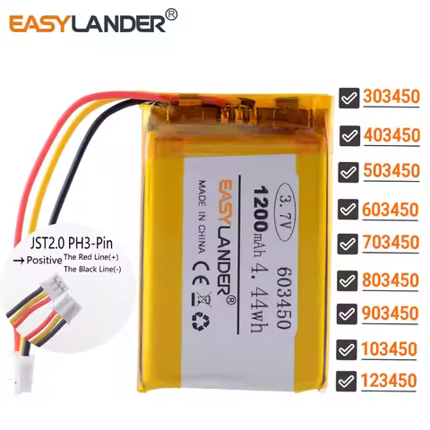 JST2.0mm 3Pin 403450 3.7V 700mAh Lithium Lipo Li-ion Polymer Battery 303450 503450 603450 703450 803