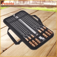 10Pcs Flat BBQ Barbecue Skewers BBQ Accessory Stainless Steel Reusable Wooden Handle Shish Kebob Sti