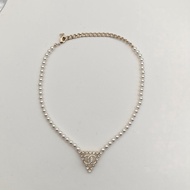 CHANEL 合金23P水鑽鏤空三角形珍珠項鏈