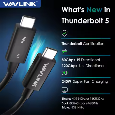 WAVLINK 16K Thunderbolt 5 Cable 120Gbps Fast Data Transfer 240W Power Delivery USB-C Charge Cable Fo