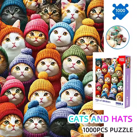 Large puzzle, cat lover gift 1000-Piece Jigsaw Puzzle:Collection of Adorable Cats in Hats Large 70x5