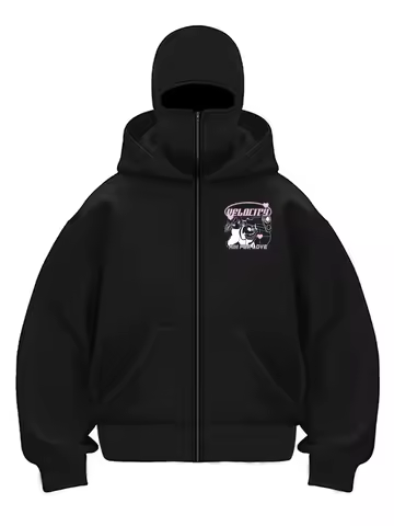 Anime Men's Oversized Full Zip Mask Hoodie VELOCITY AIM FOR LOVE Print Y2K Streetwear Hooded Sweatsh