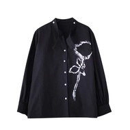 XITAO Print Single Breasted V-neck Shirt Vintage Casual Loose Fitting Rose Full Sleeve Spring Femal