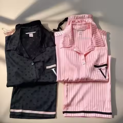 Women's silk pajamas two-piece set long sleeve Champagne Pink striped satin high-end home clothing V