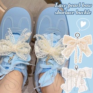 2Pcs Lace Bow Shoe Buckles - Metal Lobster Clasp - Pearl Beaded Shoelace Clips - for Sports Shoes, L