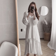 French Vintage Slim Fit Wrap Chest Crop Top + Loose Slimming Asymmetrical Dress Women Long Dress Kor