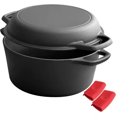 2-in-1 Pre-Seasoned Cast Iron Dutch Oven Frying, Baking, Camping, BBQ, 5QT，home.