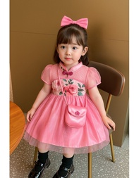 Dress Anak Perempuan Puring Bunga Pink Elegan + Tas Mini | Model Cheongsam Modern