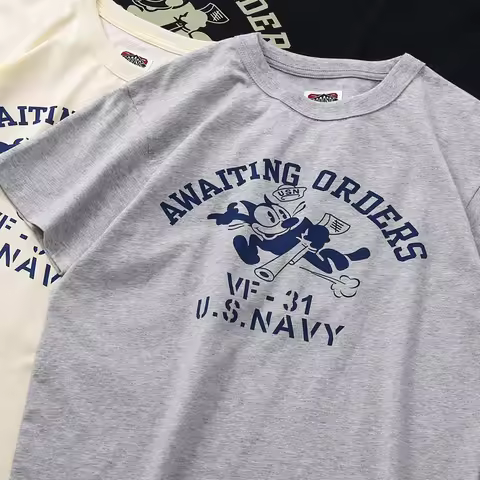 American Retro T-shirt Amekaji Couple's Tee Pure Cotton Short Sleeve Featuring Felix the Cat Print f