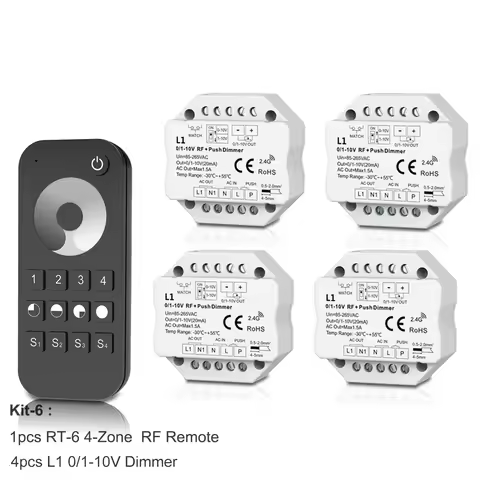 0-10V 1-10V LED Wireless RF Dimmer Push Switch + 2.4G RF 4-Zone Touch dimming Remote Controller AC85