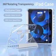 For iPad Case 360°Rotating Double Transparent Acrylic iPad 10th Gen Air 5/4 10.9 2022 Case with Pencil Holder Pro 12.9/11 7th 8th 9th Generation 10.2 Mini 6 Tablet Cover