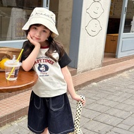 Children Western Style Short-Sleeved Medium-Sized Girls Stretch Odal Letter Raglan Shoulder Cartoon 