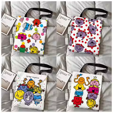 Mr. Men and L-Little Miss Storage Bags Canvas Double-Sided Print Shoulder Handbag Reusable Eco-Frien