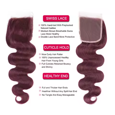 99J# Burgundy Body Wave Human Hair Closure Color 99J# 4x4 Straight Lace Closure 100% Human Hair With