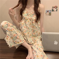 Chest Pad Pajamas Set Women Summer Sling Pajamas Set Trousers Set Pastoral Retro Pure Desire Floral 