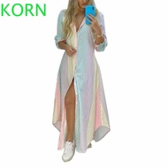 KORN Boho Printed Long Shirts Dress, Fork Opening Single Breasted Button Colorful Stripe Print Button Shirt Dress, Art Fashion Long Sleeve Long Printed Loose Dress Summer