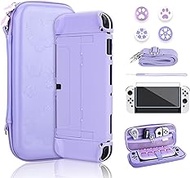 RHOTALL Sakura Embossing Cute Carrying Case Set for Nintendo Switch OLED, Accessories Bundle for Switch OLED with Hard Case, Screen Protector, 4 Thumb Caps, Wrist Band and Shoulder Strap (Purple)