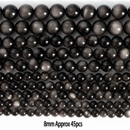 TEMU ลูกปัดหินออบซิเดียนสีเงินธรรมชาติ AAA ทรงกลมหลวม สำหรับทำเครื่องประดับ มีขนาด 6/8/10/12 มม. มีใ