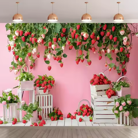 1 strawberry arch background banner - bright white wooden box and lush green plant design