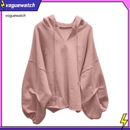 VOG* Solid Color Drawstring Pullover Hoodie Autumn Batwing Sleeve V-Neck Women Sweatshirt Streetwear