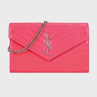 YSL MONOGRAM系列V字縫線魚子醬牛皮金屬LOGO銀鍊斜肩/手拿包- 螢光粉