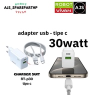 AJS CHARGER SUIT RT-P30 FAST CHARGING 30W, DUAL USB + TYPE C ADAPTER, TYPE C
