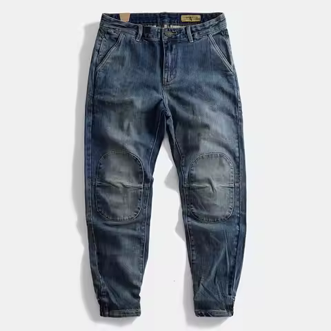 Men's Dark Blue Distressed Denim Cargo Pants with Knee Patches Loose Fit Cuffed Ankle Jeans Casual L