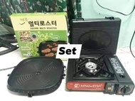 COMPLETE SET Korean Grill basic set Korean BBQ Barbeque hanaro grill pan Butane gas stove Heavy duty free stove case and butane sangyupsal set samyeopsal set samgy square grill pan with oil drainage