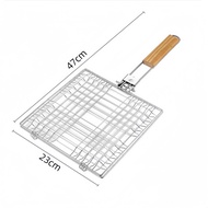 1pc Stainless Steel Barbecue Net with Wooden Handle Foldable Grilled Fish Clip Outdoor Camping House