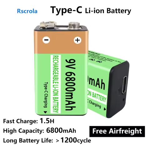 High Capacity 9V Batteries 6800mAh Type-C Battery for Smoke Detector Guitar Garage Door Opener Guita