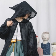 -苧麻防曬披肩尖角連體帽開衫防曬衣燈籠袖