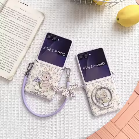 Z Flip7 Beautiful Purple Rabbit Wristband Magnetic Phone Case For Samsung Galaxy Z Flip 7 Z Flip6 Fl