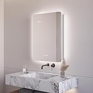 MIRPLUS 20 X 28 inch Bathroom Medicine Cabinet with LED Backlit Mirror, 3 Color Lights &amp; Brightness Anti-Fog Time&amp;Temp Display Surface Mount LED Bathroom Mirror Cabinet Touch Switch(Single Door)