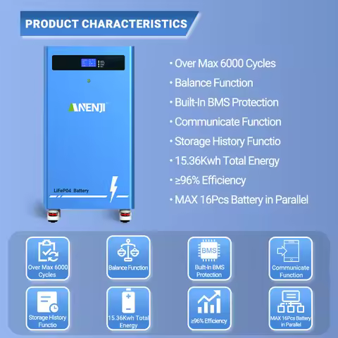 ANENJI 15KWh 51.2V 300AH LiFePO4 Battery Power Lithium Battery Backup 6000+ Cycles Built-in BMS Sola