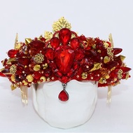 Red and gold crystals crown Beaded handmade tiara Red royal diadem Bridal crown
