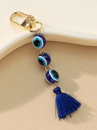 Elegant Turkish Amulet Keychain With Tassel Pendant, Meaning Good Luck And Warding Off Bad Luck, Blu