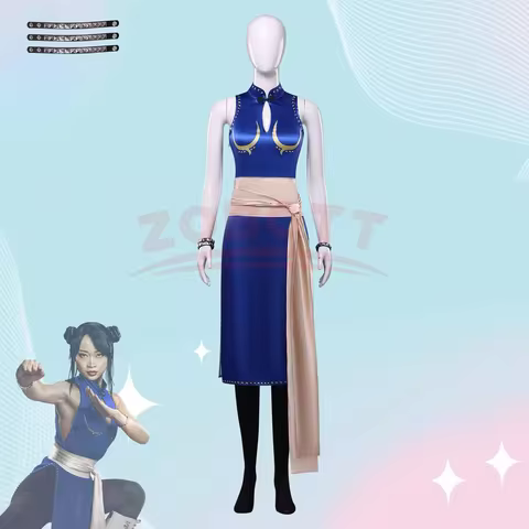 Women's Street Fighter Chun Li Cosplay Costume Game Fighter Chunli Blue Cheongsam with Waistband Hal