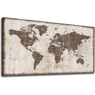 World Map Canvas Wall Art Vintage Map of World Canvas Pictures Wall Decor Rustic Old Beige Brown Canvas Painting Artwork