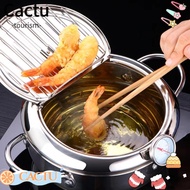CACTUS Tempura Fryer Pan, Japanese with Lid Deep Fryer Pot, Thickened Oil Saving Stainless Steel The