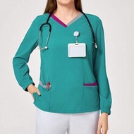 Multi Pocket Long Sleeve Contrast Trim Scrub Uniform Top Set Nurse Dresses Scrub Tops Scrub Bottoms 