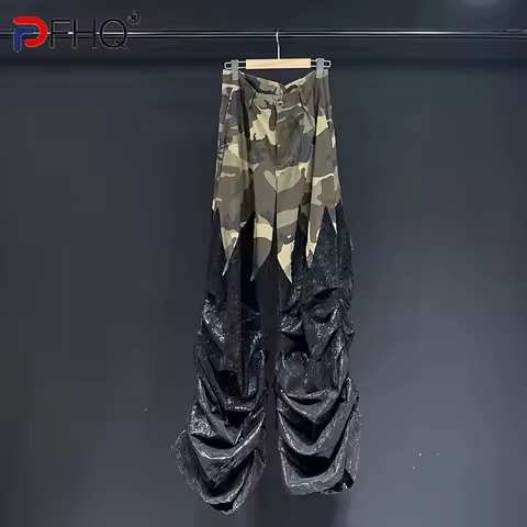 PFHQ 2025 New Men's Casual Pants Snake Skin Pattern Pleated Patchwork Loose Flared Trousers Fashion 