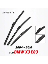 適用於bmw X3 E83 2004 - 2010前後雨刮頁片套裝,風擋玻璃窗口刷22英寸+20英寸+14英寸。適用車型：bmw X3 E83 2004-2010。尺寸：22英寸+20英寸+14英寸。條件：100%全新未使用（發貨前經過質量檢查）。組成：2片雨刮器片+1片後雨刮器片。材質：高級天然橡膠,保證極致表現。功能：定制適合,直接替換原有雨刮器。100萬次抹布。溫度容差：+158f至-40f（+70c至-40c）。張力記憶使整個刀片長度均勻施壓。特殊混合橡膠提供了極致的平滑、清潔、無抖動雨刮器。空氣動力學設計顯著降低了拖力、噪音和風提升,防止冰雪積聚在金屬/塑料零件的曝露中。說明：此項目不附帶手動安裝說明書。