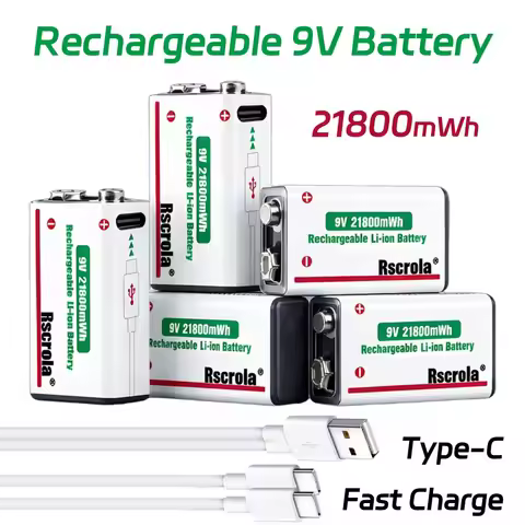 Long-lasting 9V Battery 21800mWh Rechargeable Li-Ion 9V Battery USB-C Charging Cable Longlife for Ca