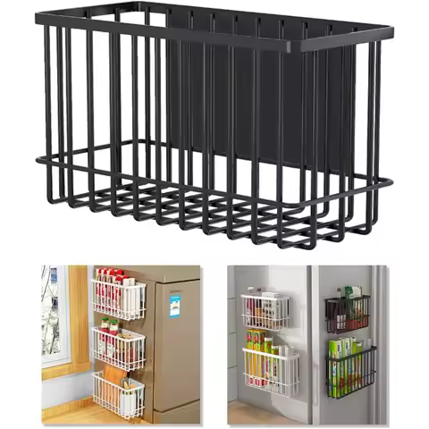 No Drill Adhesive Kitchen Storage Basket Back Sticker Refrigerator Side Organizer Holder for Ziplock