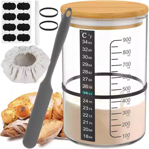 9Pcs Sourdough Starter Jar Kit 900ML Sourdough Starter Container Reusable Wide Mouth Glass Sourdough