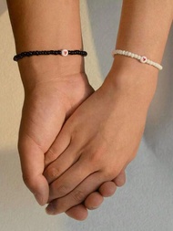 2 Unids/set De Pulseras En Forma De Corazón Con Cuentas Blancas Y Negras De Estilo Bohemio A La Moda Para Parejas Y Amigas