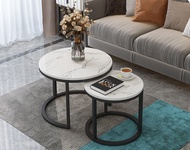 Modern Marble Coffee Table Set of 2 (60cm+45cm)Premium Gold Frame White Marble Black Space Saver Conceal Design