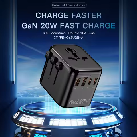 GaN 20W International Power Adapter,2 USB-C & 2 USB-A Fast Charging Travel Charger,Outlet Adapter Tr