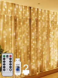 8種模式的銅線窗簾燈串100/200/300顆燈,具有遠程控制器+ Usb電源供應,適用於婚禮,派對,家居,花園,臥室,戶外,室內,牆壁,節日裝飾燈,白色/暖白色/多色