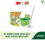 3M Scotch Brite T4 Hand Press and Dry Spin Microfiber Spin Mop Set, Refill Available, Cleans, Kitchen, Home Office